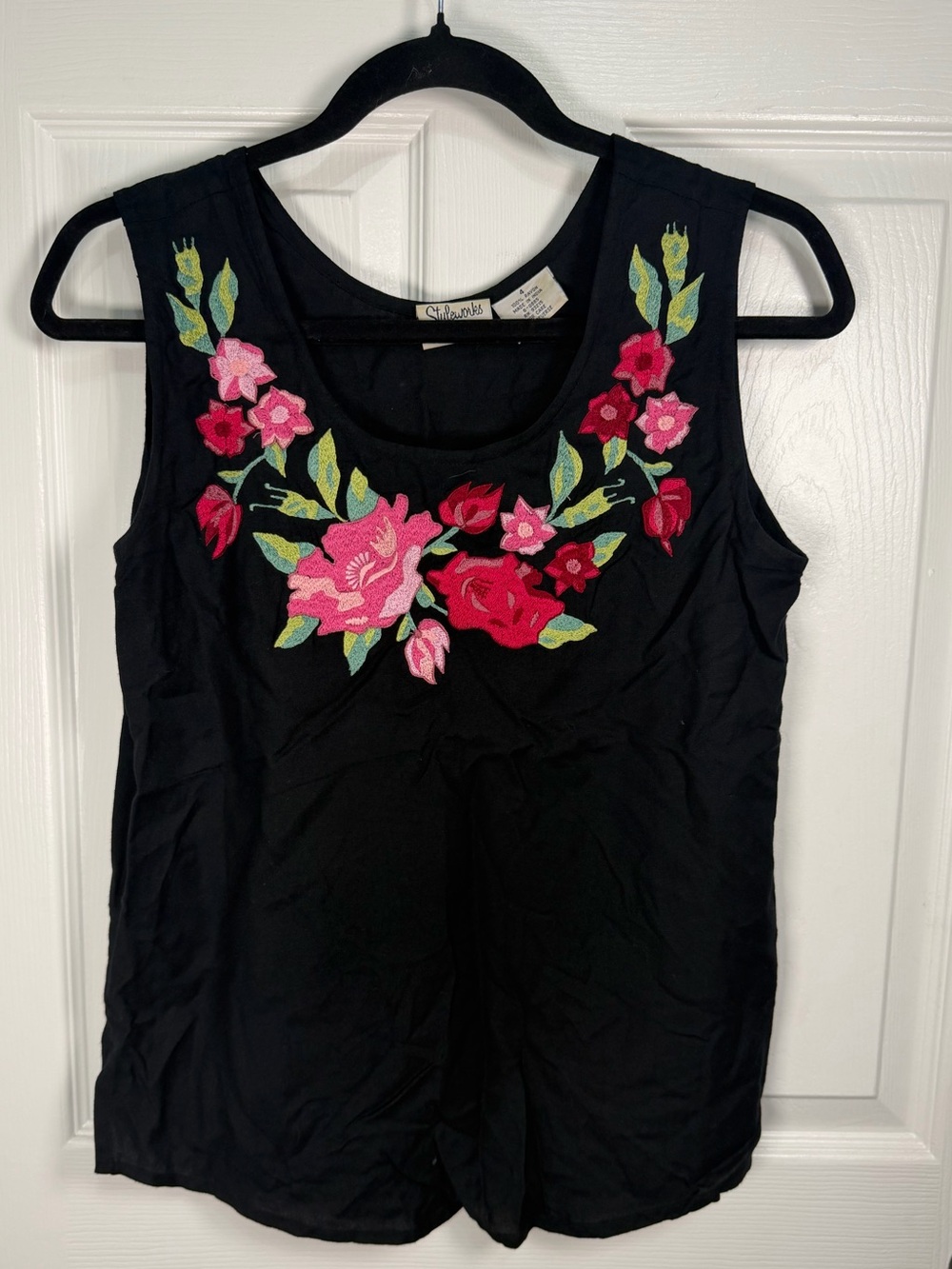 Styleworks Black Floral Embroidered Sleeveless Top - Pink & Red Accents